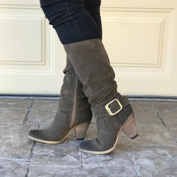 Taupe Block Chunky Heel Buckle Knee-High Boots - Picture 2 of 6
